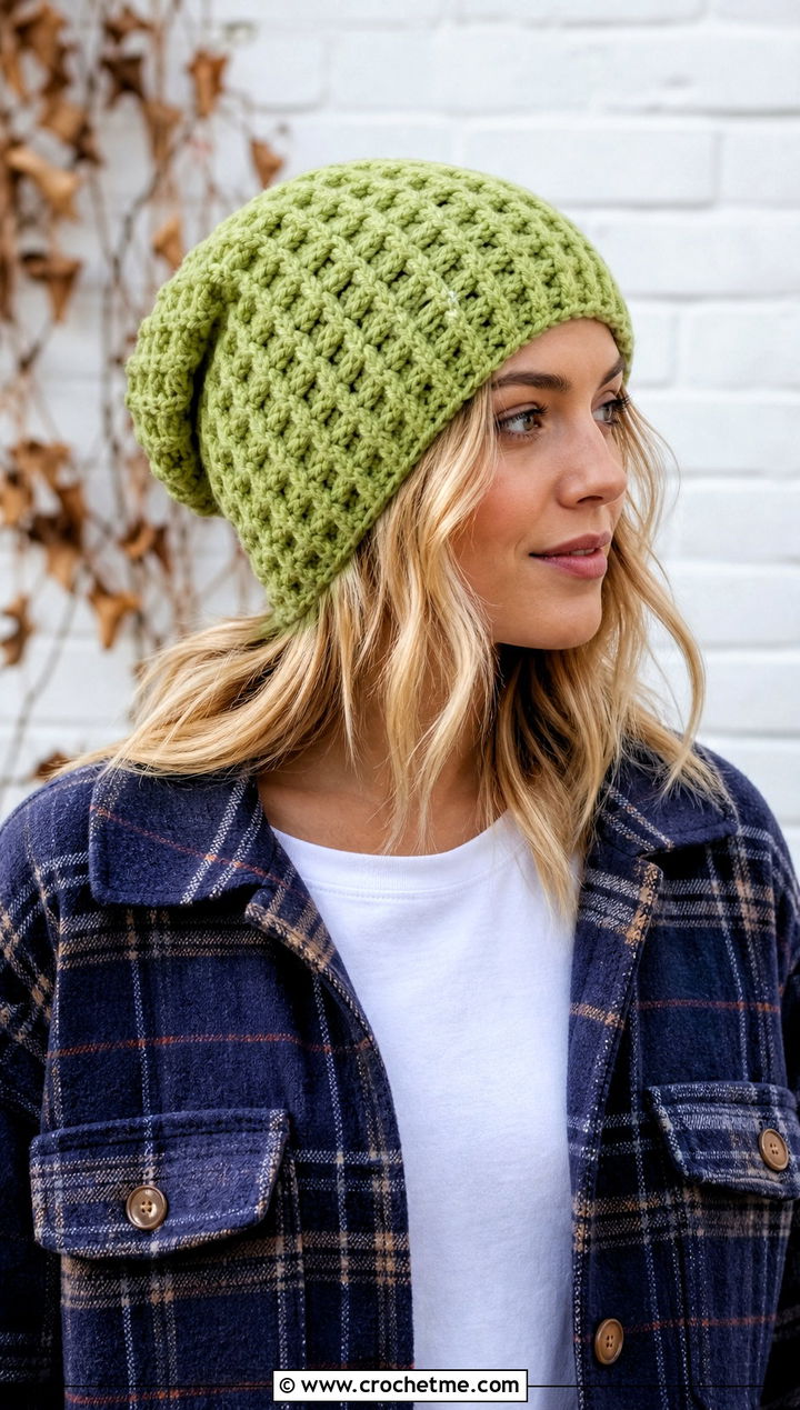 Waffle Stitch Crochet Beanie With Shacket - 35 basic crochet beanie outfit ideas
