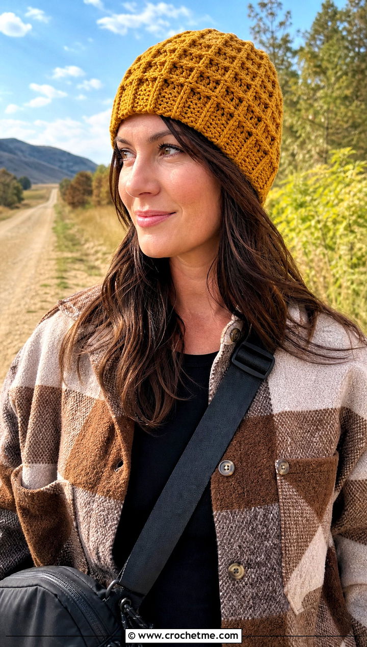 Waffle Stitch Crochet Beanie With Shacket - 25 3 Weight Yarn Crochet Beanie outfit ideas
