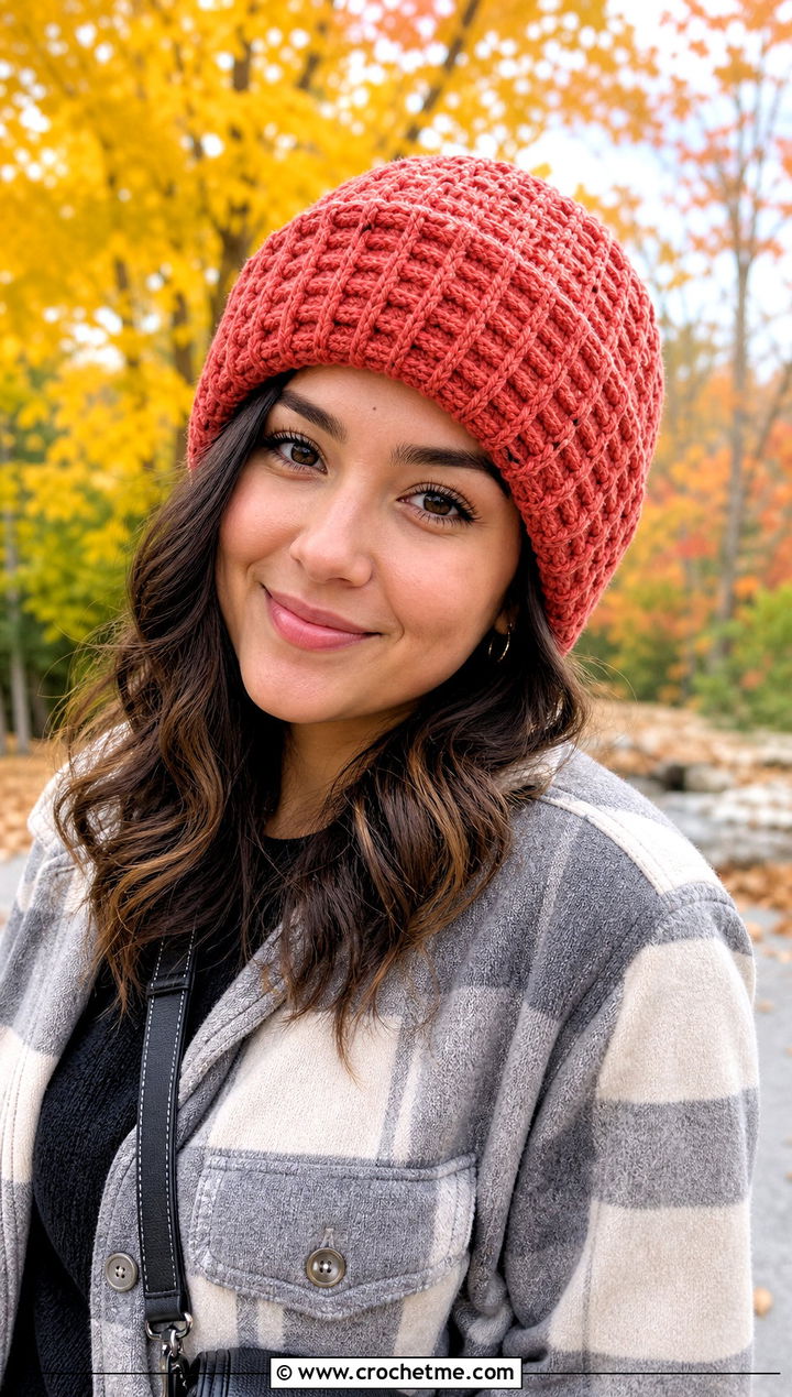 Waffle Stitch Crochet Beanie With Shacket And Black Jeans - 20 Boho Crochet Beanie outfit ideas