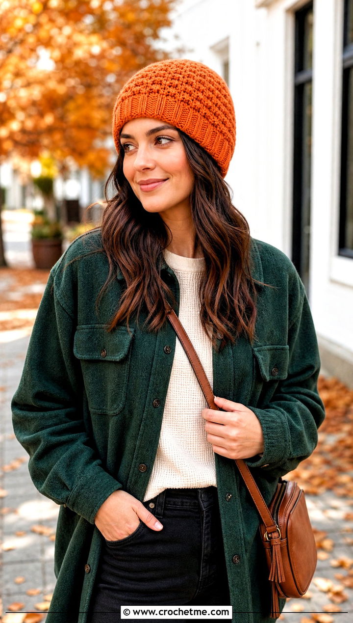 Waffle Stitch Crochet Beanie With Shacket And Black Jeans - 20 classic crochet beanie outfit ideas
