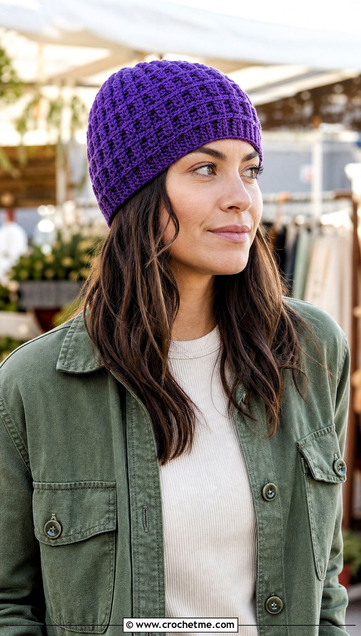 Waffle Stitch Crochet Beanie With Shacket And Cargo Pants - 25 Fast Crochet Beanie outfit ideas