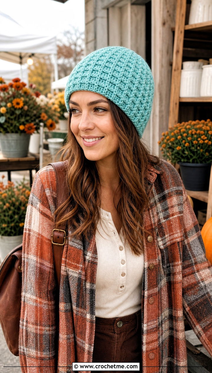 Waffle Stitch Crochet Beanie With Shacket And Corduroy Pants - 25 beginner crochet beanie outfit ideas