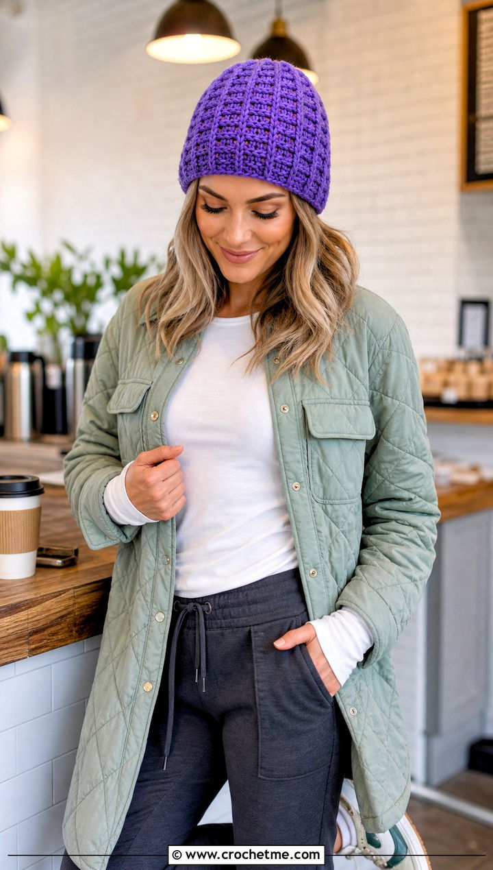Waffle Stitch Crochet Beanie With Shacket And Joggers - 25 easy crochet beanies outfit ideas