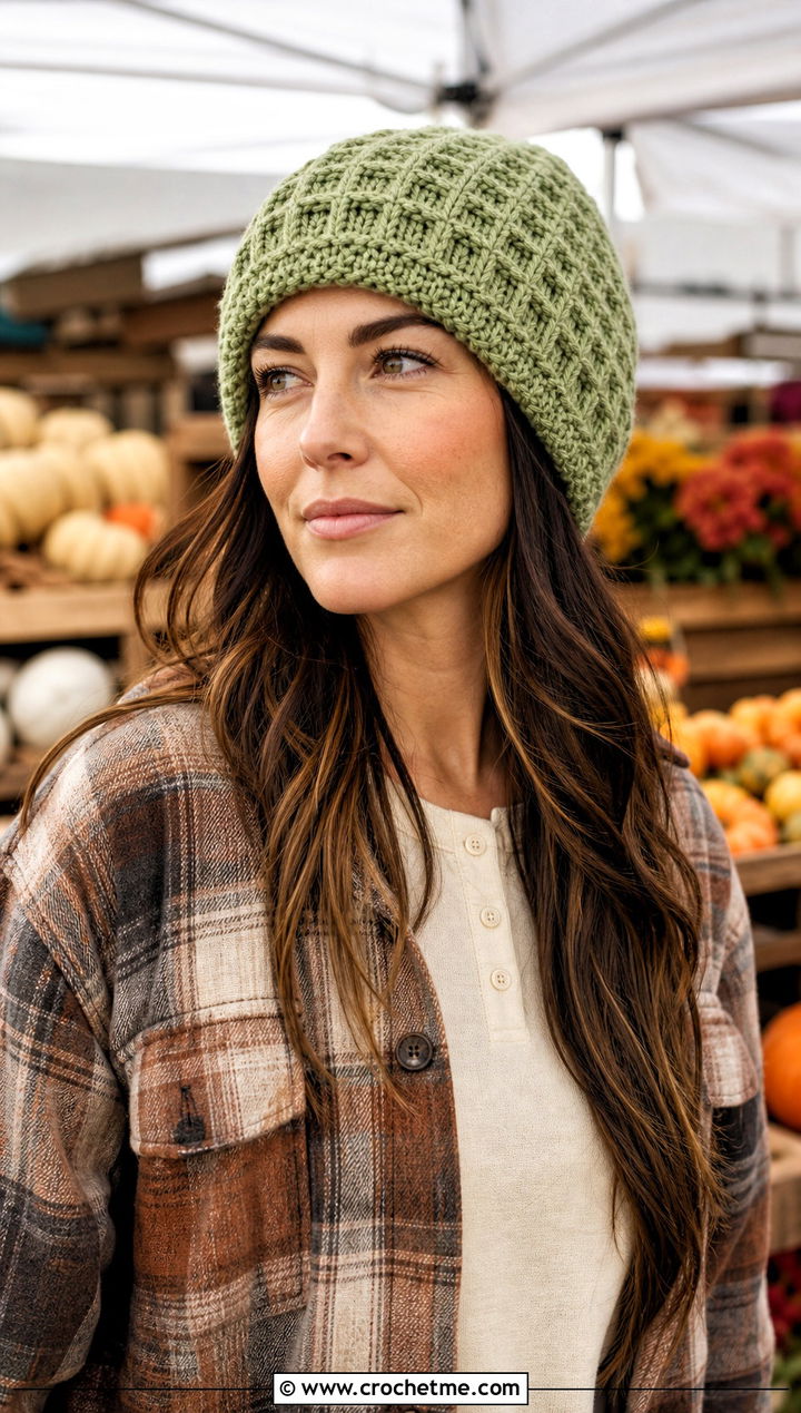 Waffle Stitch Crochet Beanie With Shacket And Straight Leg Jeans - 15 Easy Crochet Beanies For Beginners outfit ideas