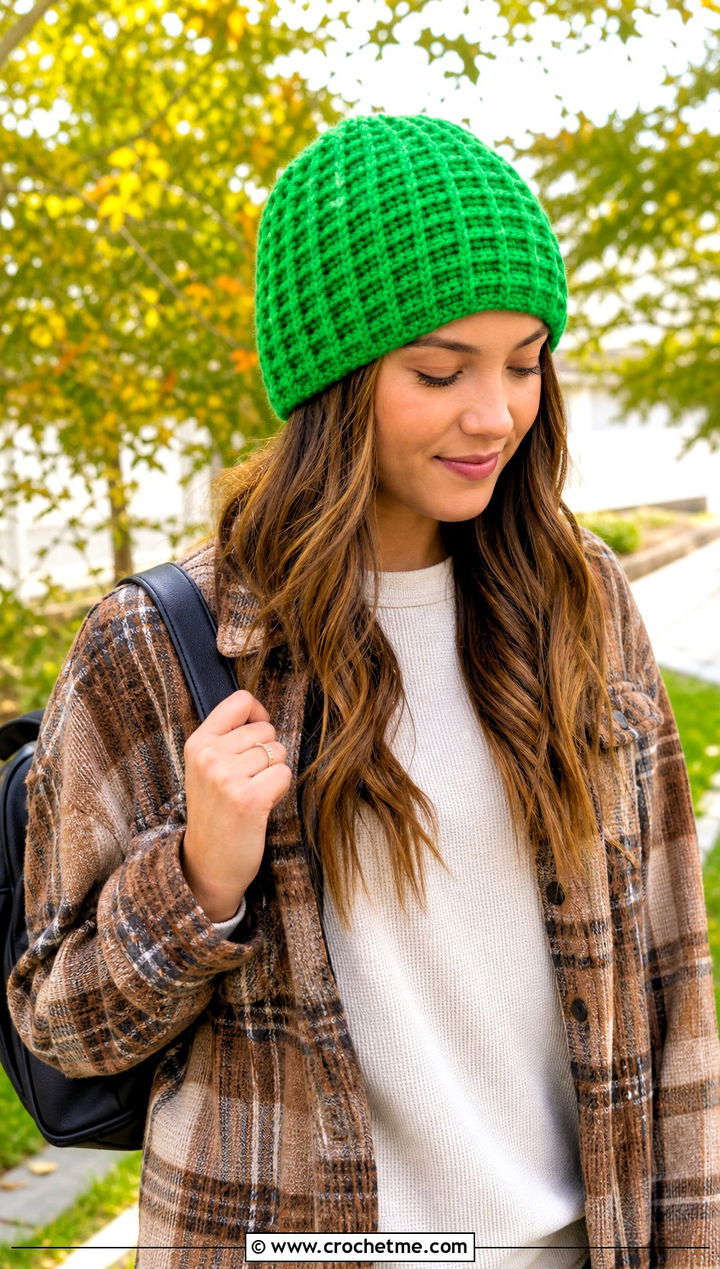 Waffle Stitch Crochet Beanie With Shacket - 30 Quick Crochet Beanie outfit ideas