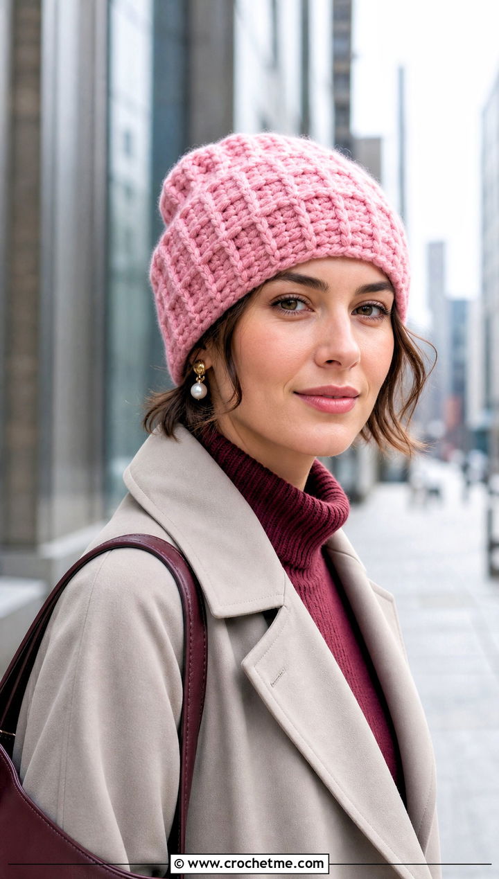 Waffle Stitch Crochet Beanie With Trench Coat - 30 winter crochet beanie outfit ideas