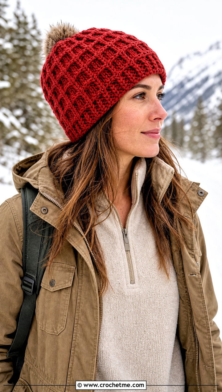 Waffle Stitch Crochet Beanie With Utility Jacket - 20 Warm Crochet Hat outfit ideas