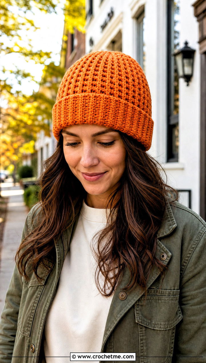 Waffle Stitch Crochet Beanie With Utility Jacket - 30 crochet beanies for women outfit ideas