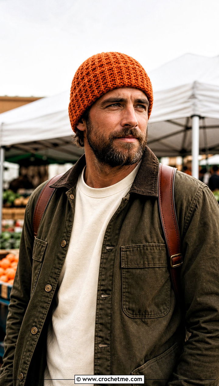 Waffle Stitch Crochet Beanie With Workwear Jacket - 15 men's crochet beanies outfit ideas