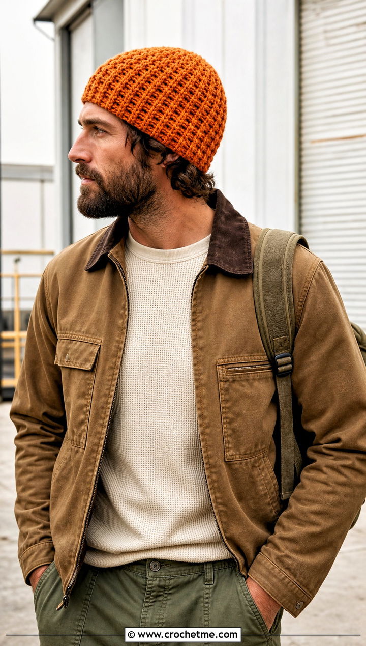 Waffle Stitch Crochet Beanie With Workwear Jacket - 25 Easy Mens Crochet Beanie outfit ideas