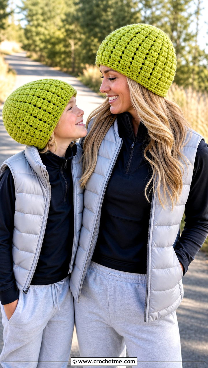 Waffle Stitch Crochet Beanies With Athleisure Sets - 25 crochet mommy and me hats outfit ideas