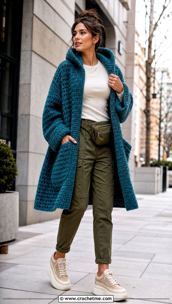 Waffle Stitch Crochet Blanket Hoodie With Cargo Pants - 30 crochet blanket hoodie outfit ideas