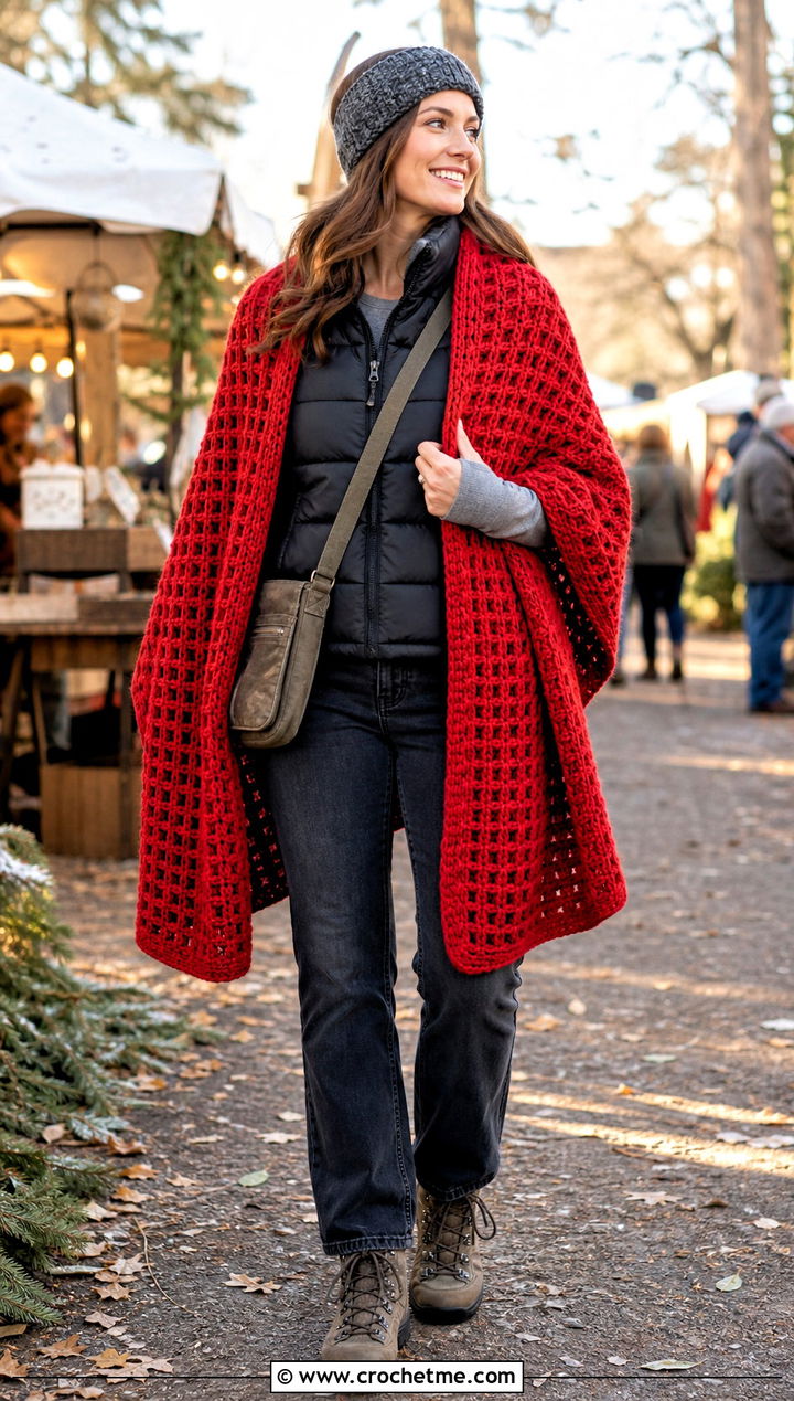 Waffle Stitch Crochet Blanket Shawl With Puffer Vest - 30 crochet blanket shawl outfit ideas
