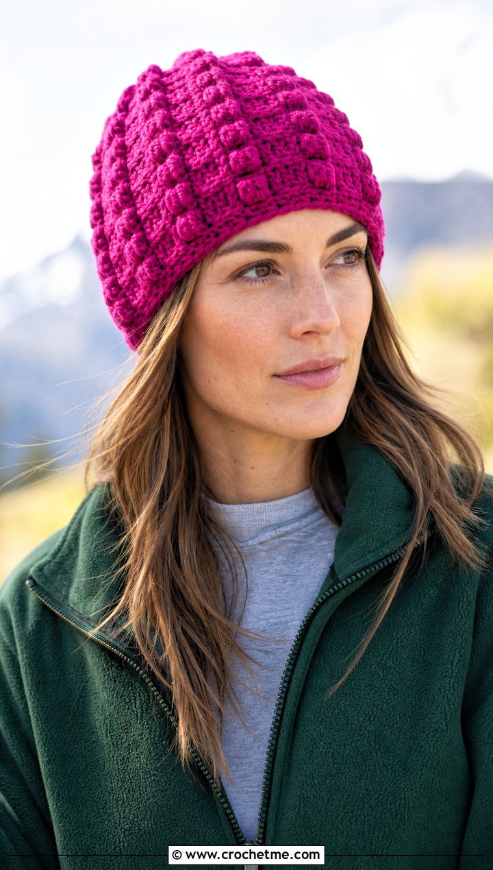 Waffle Stitch Crochet Bobble Hat With Fleece Jacket - 30 crochet bobble hat outfit ideas