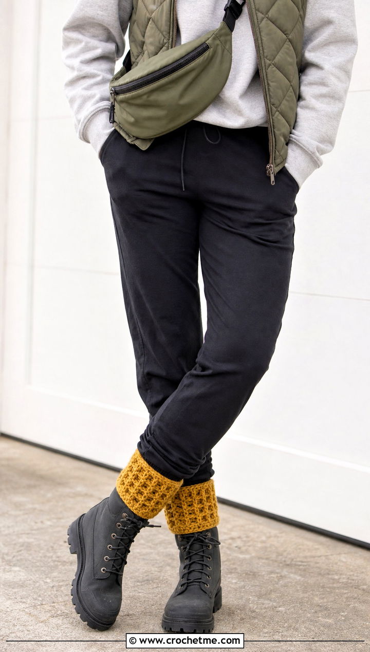 Waffle Stitch Crochet Boot Cuffs With Joggers - 35 crochet boot cuffs outfit ideas