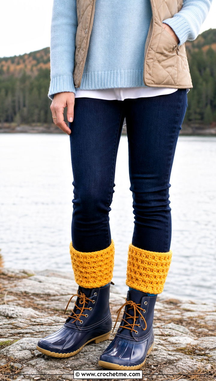 Waffle Stitch Crochet Boot Cuffs With Sweater and Duck Boots - 30 crochet boot cuff outfit ideas