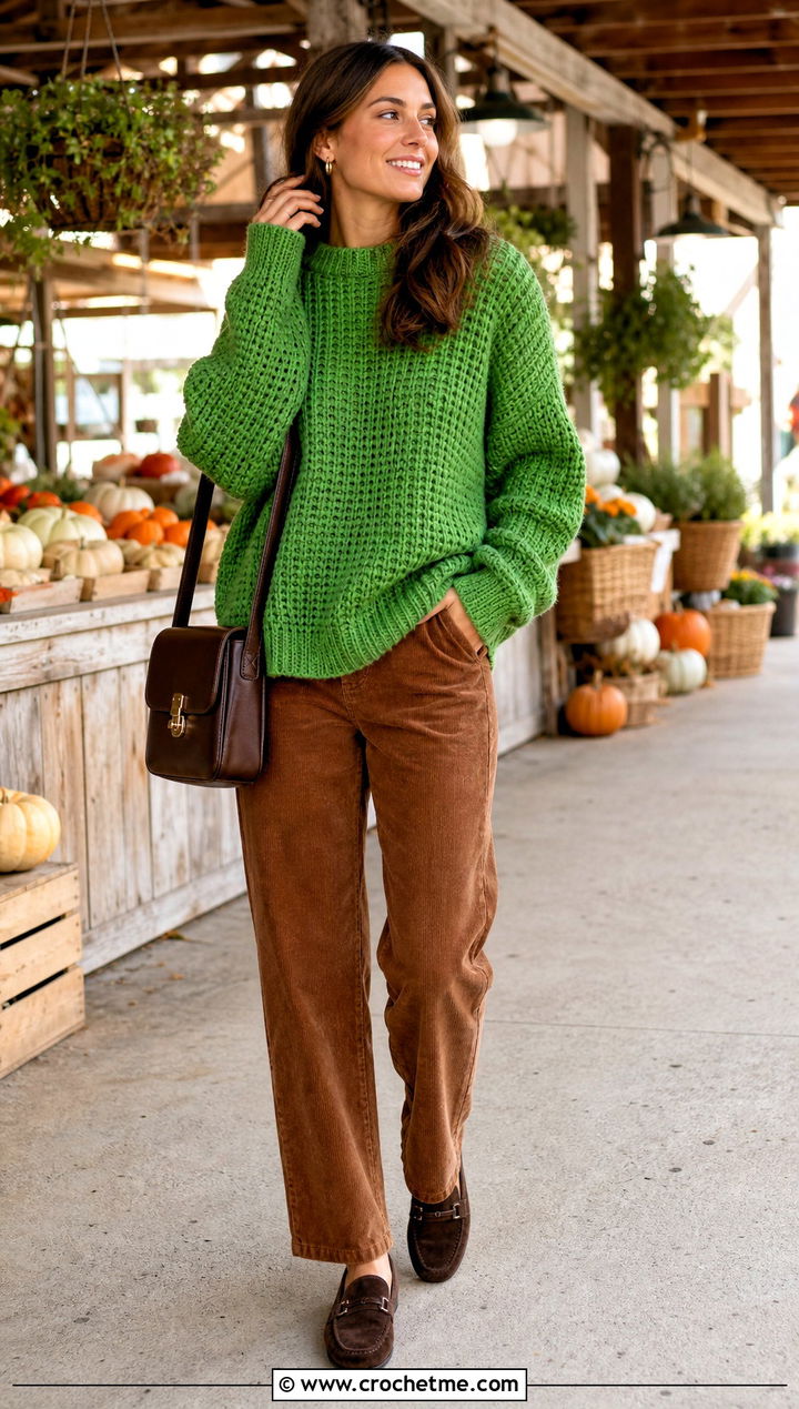 Waffle Stitch Crochet Boyfriend Sweater With Corduroy Pants - 30 crochet boyfriend sweater outfit ideas