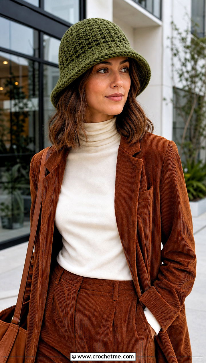 Waffle Stitch Crochet Bucket Hat With Corduroy Suit - 35 crochet winter bucket hat outfit ideas