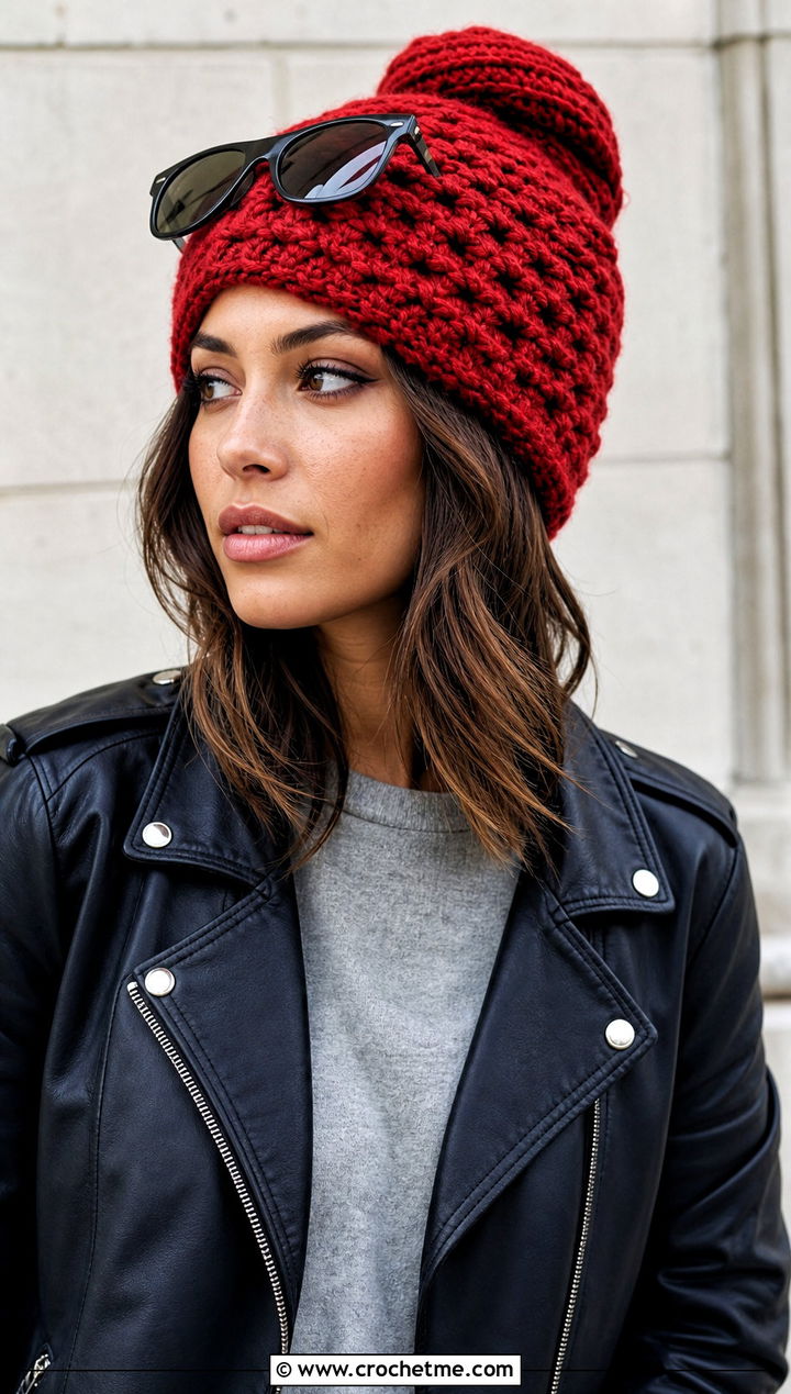 Waffle Stitch Crochet Bun Hat With Leather Jacket - 15 Crochet Bun Hats outfit ideas