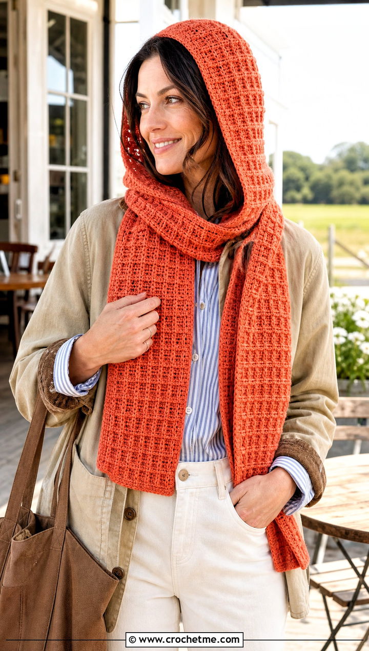 Waffle Stitch Crochet Cap Scarf With Barn Jacket - 25 Crochet Cap Scarf outfit ideas