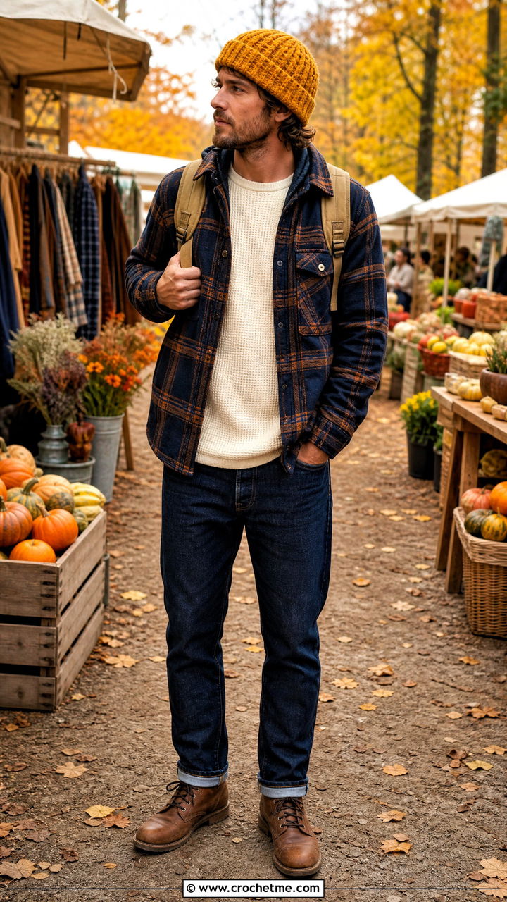 Waffle Stitch Crochet Cap With Flannel Shirt - 35 crochet cap for men outfit ideas