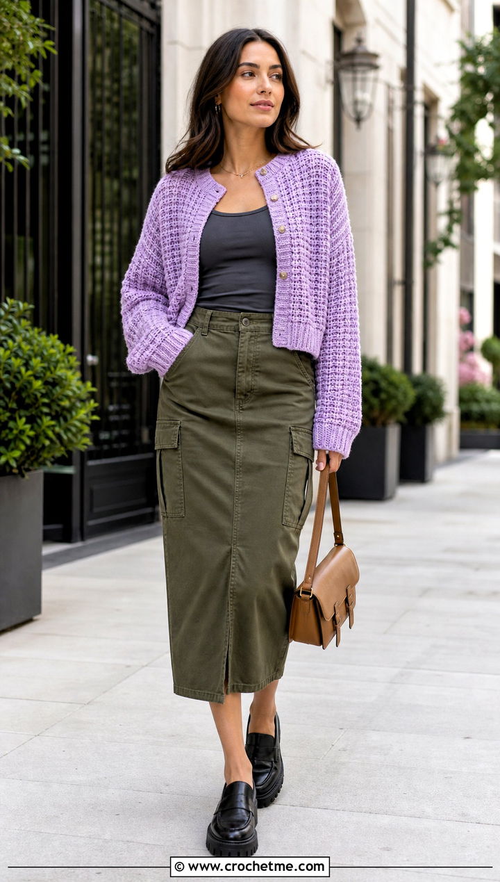 Waffle Stitch Crochet Cardigan With Cargo Skirt - 30 crochet spring cardigan outfit ideas
