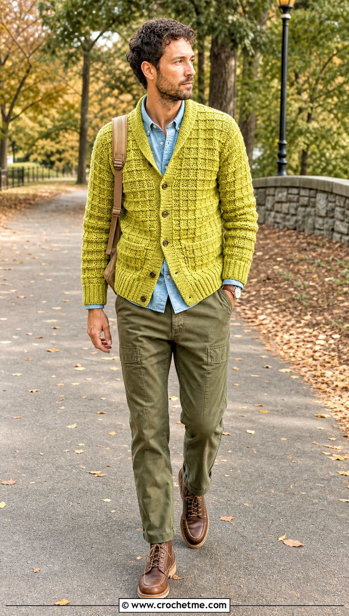 Waffle Stitch Crochet Cardigan With Chambray Shirt and Fatigue Pants - 20 men's crochet cardigan outfit ideas