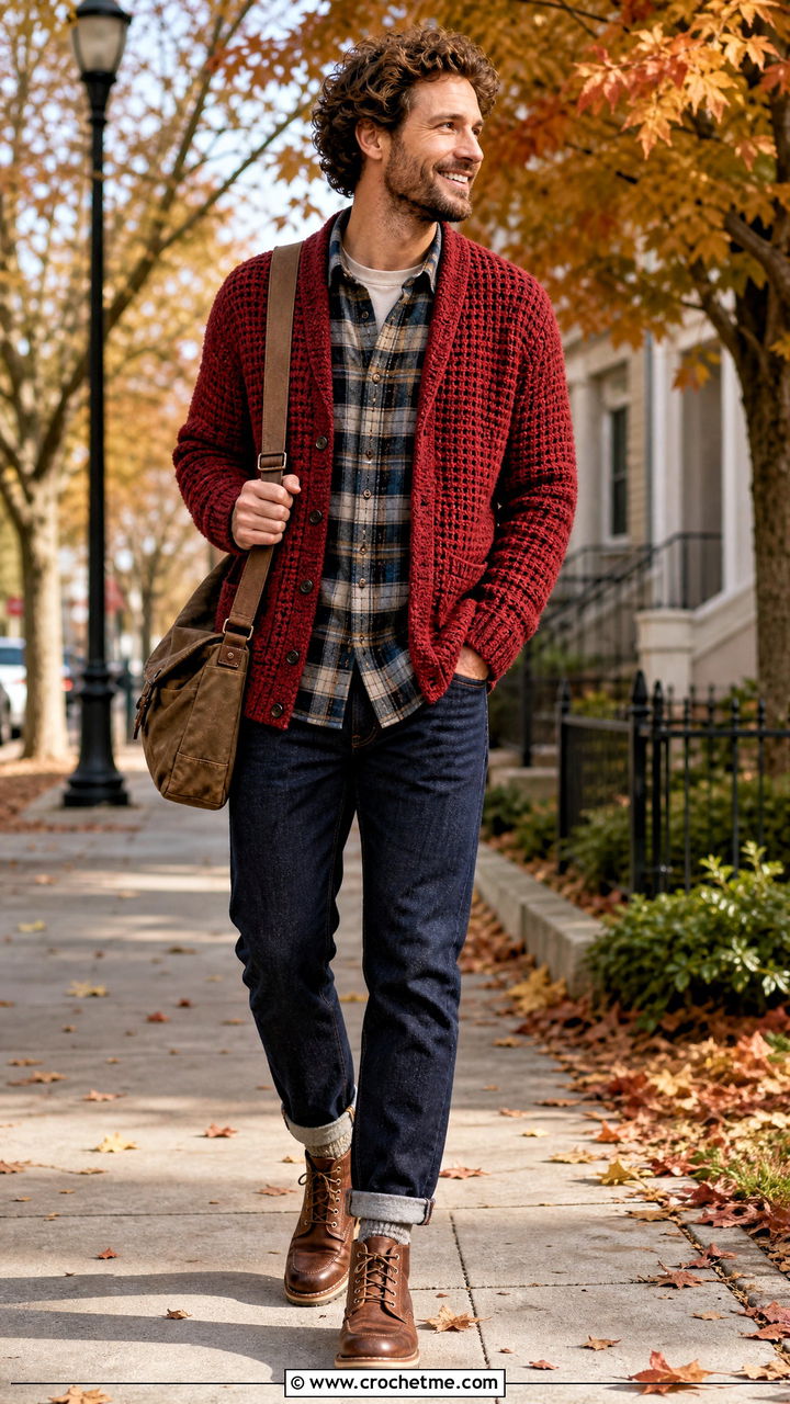 Waffle Stitch Crochet Cardigan With Flannel Shirt - 35 crochet cardigan men outfit ideas