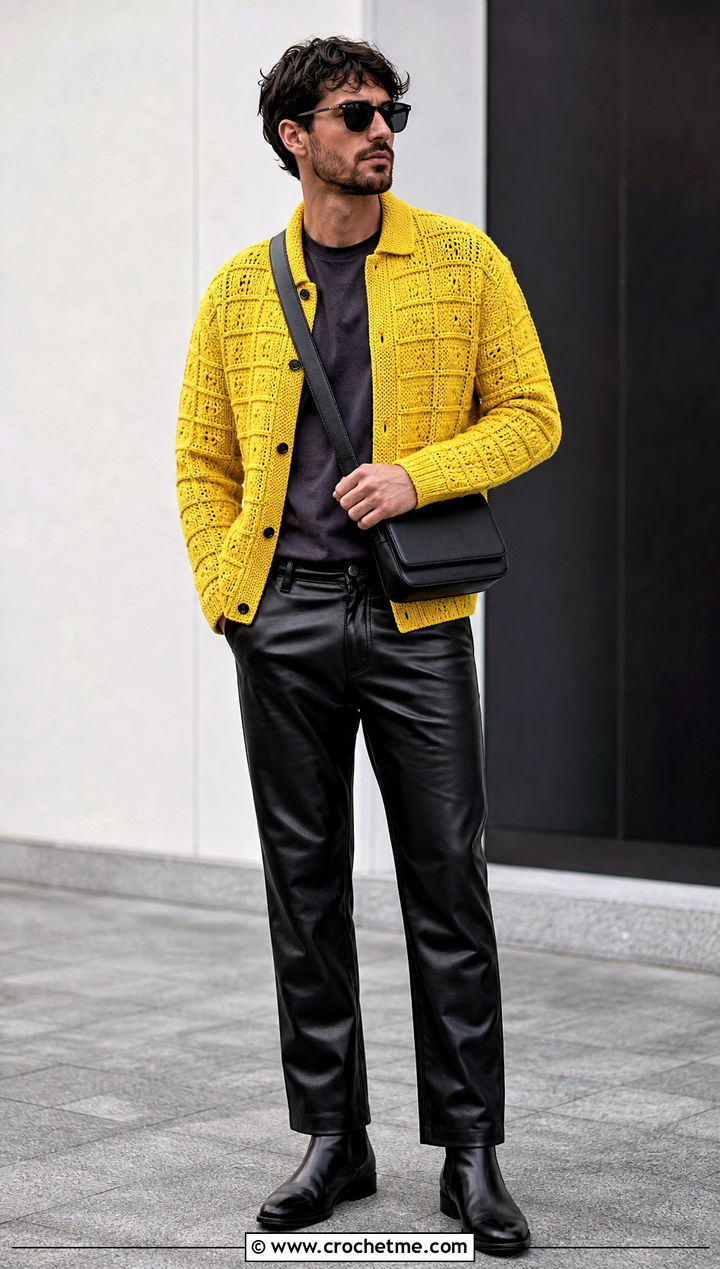 Waffle Stitch Crochet Cardigan With Leather Pants - 30 mens crochet cardigan sweater outfit ideas
