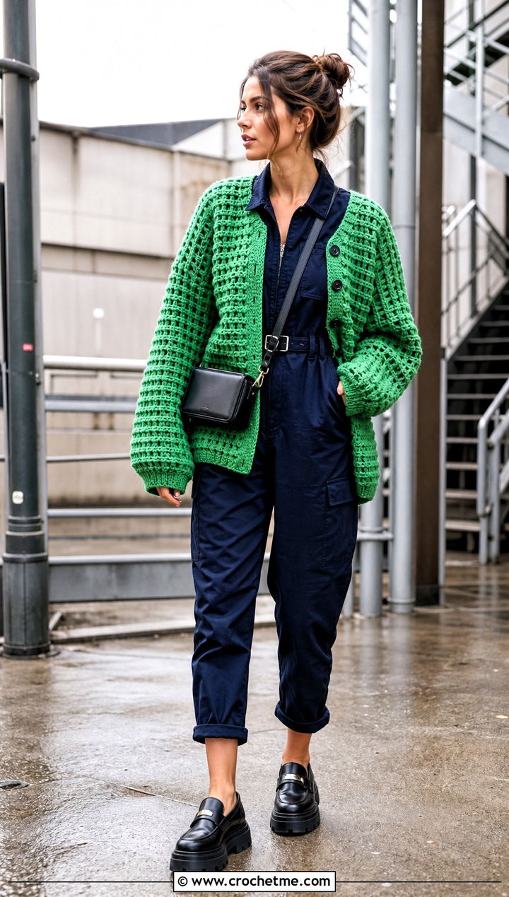 Waffle Stitch Crochet Cardigan With Utility Jumpsuit - 25 thick crochet cardigan outfit ideas