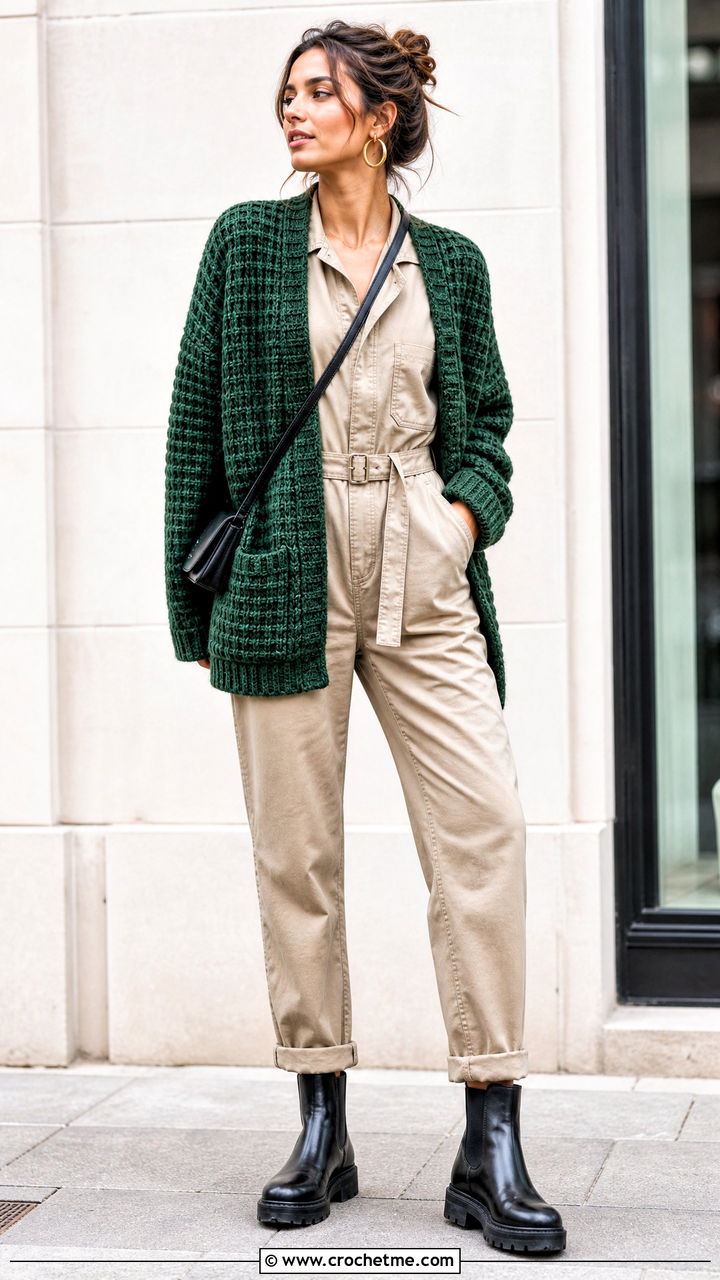 Waffle Stitch Crochet Cardigan With Utility Jumpsuit - 35 easy crochet cardigan women outfit ideas