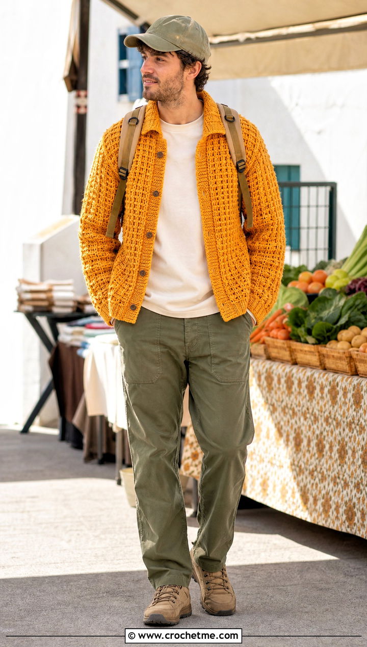 Waffle Stitch Crochet Cardigan With Utility Trousers - 30 crochet man cardigan outfit ideas
