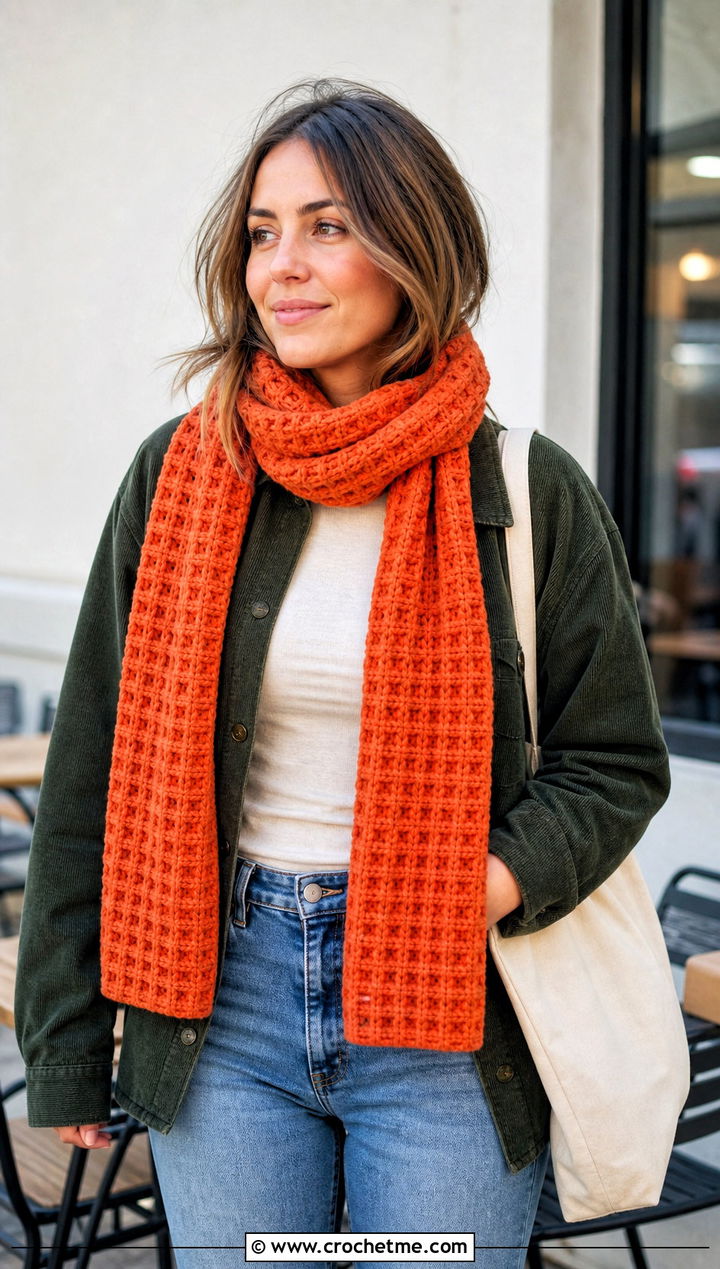Waffle Stitch Crochet Chenille Scarf With Shacket - 25 crochet chenille scarf outfit ideas
