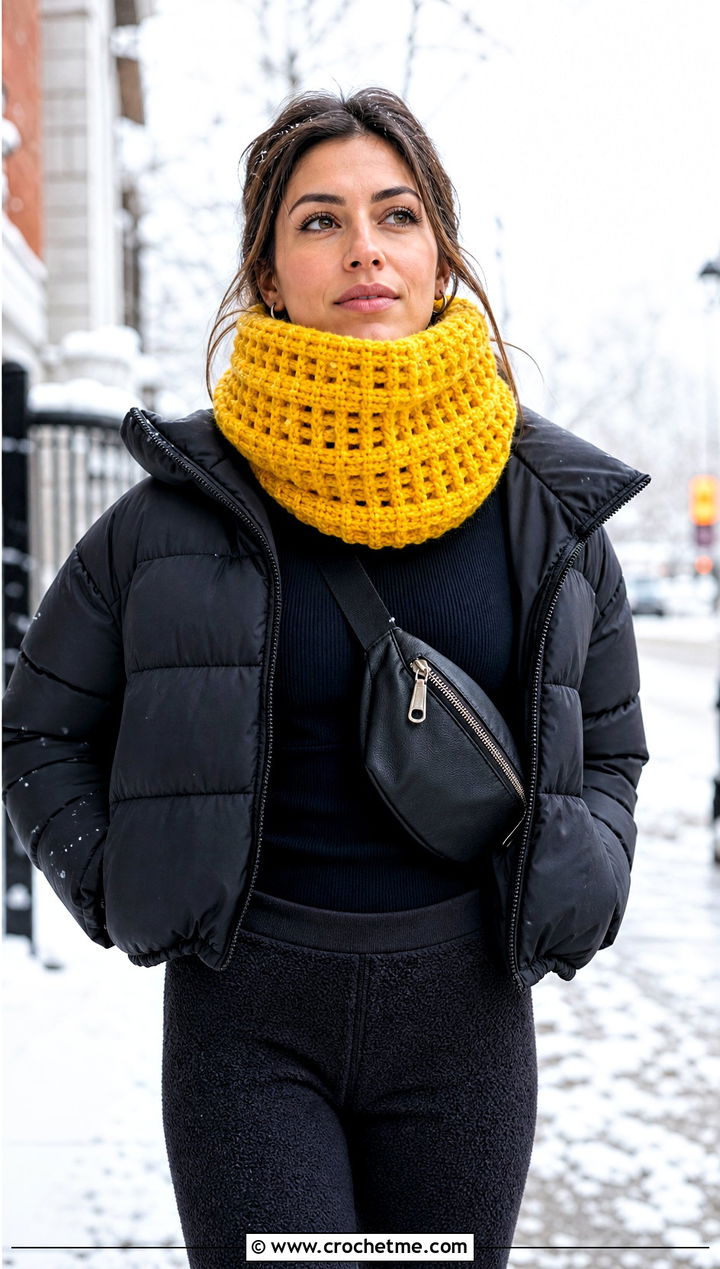 Waffle Stitch Crochet Chunky Cowl With Puffer Jacket - 30 crochet chunky cowl outfit ideas