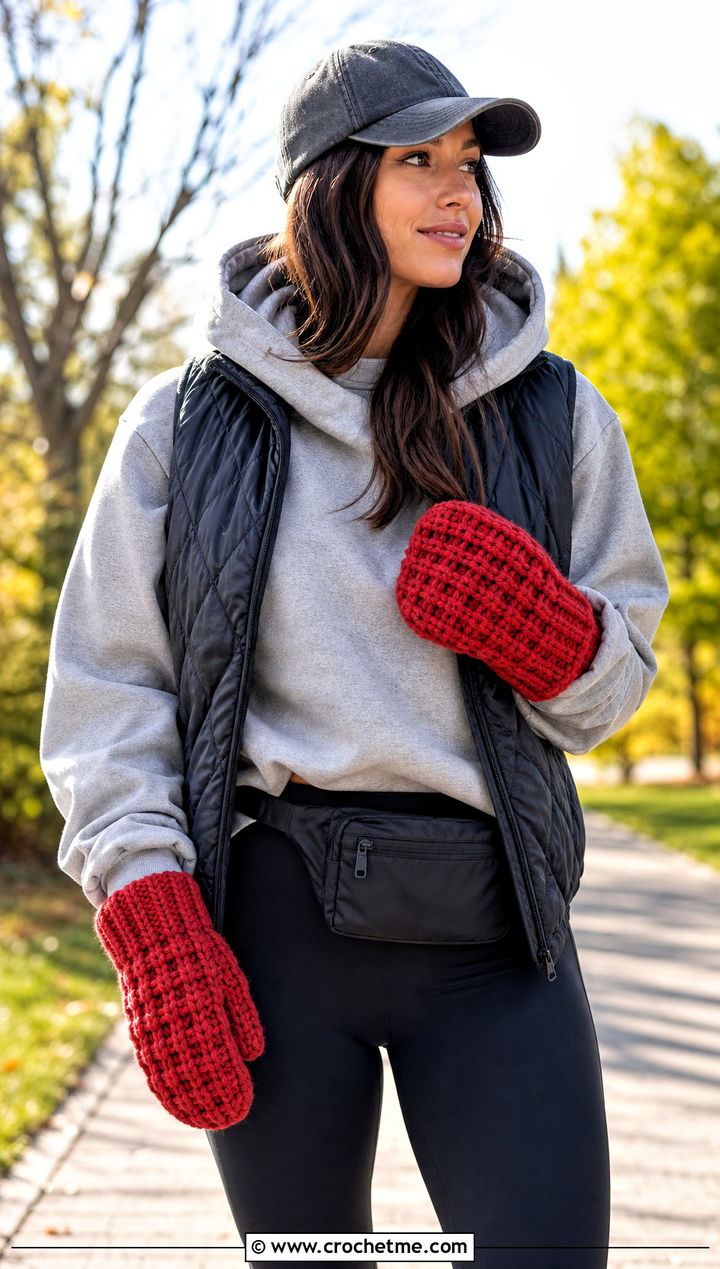 Waffle Stitch Crochet Chunky Mittens With Hoodie - 30 crochet chunky mittens outfit ideas