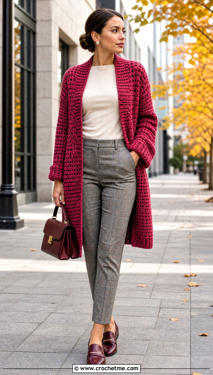 Waffle Stitch Crochet Coatigan With Plaid Trousers - 30 crochet long cardigan sweater coats outfit ideas