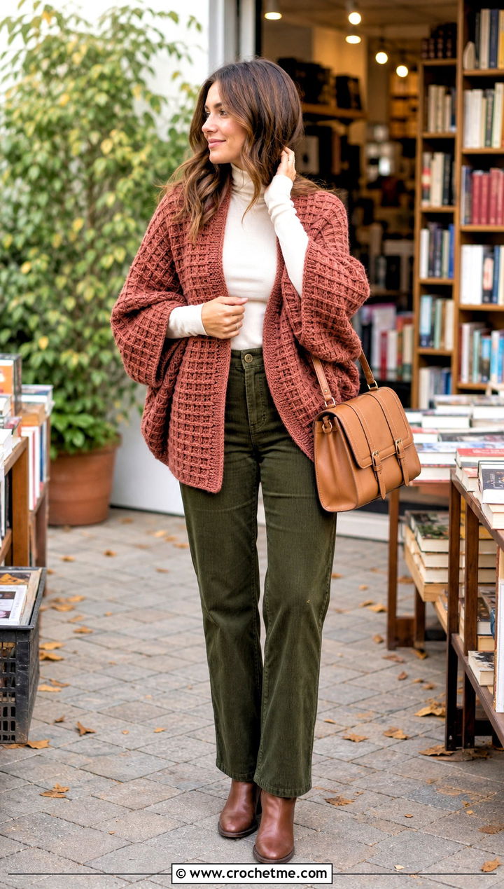 Waffle Stitch Crochet Cocoon Shrug With Corduroy Pants - 25 Easy Crochet Cocoon Shrug outfit ideas