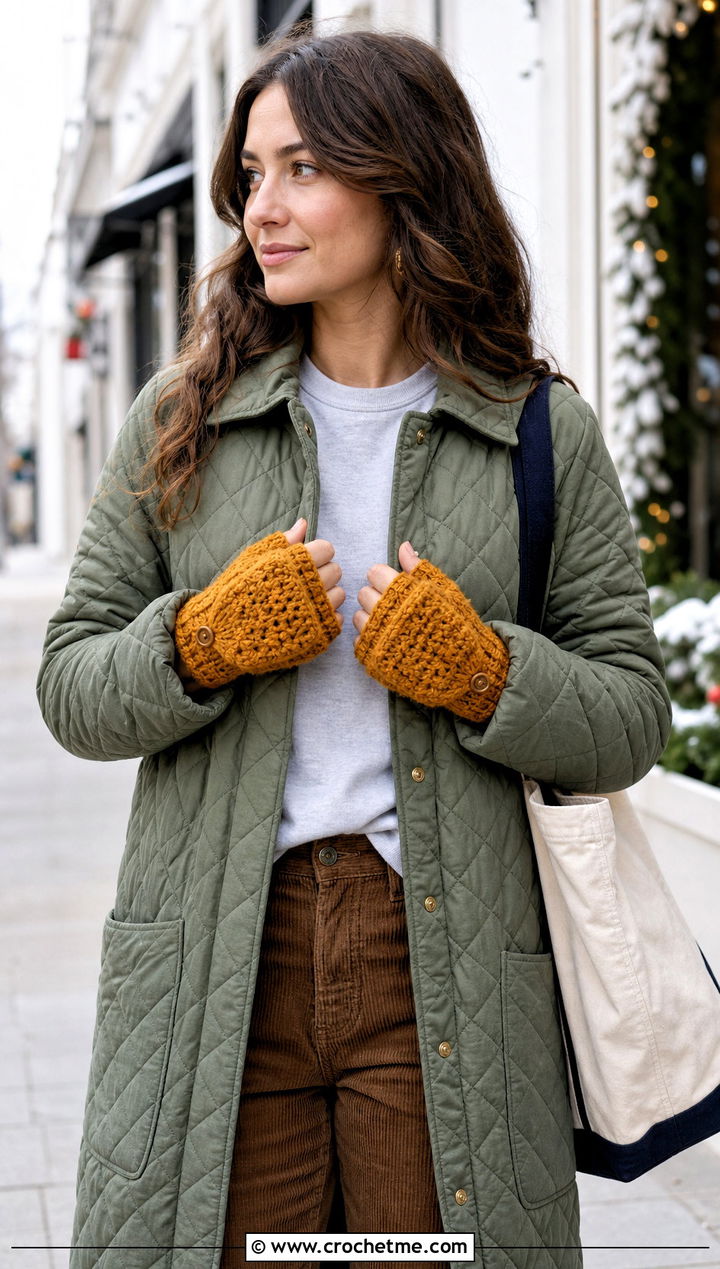 Waffle Stitch Crochet Convertible Mittens With Quilted Coat - 25 Crochet Convertible Mittens outfit ideas