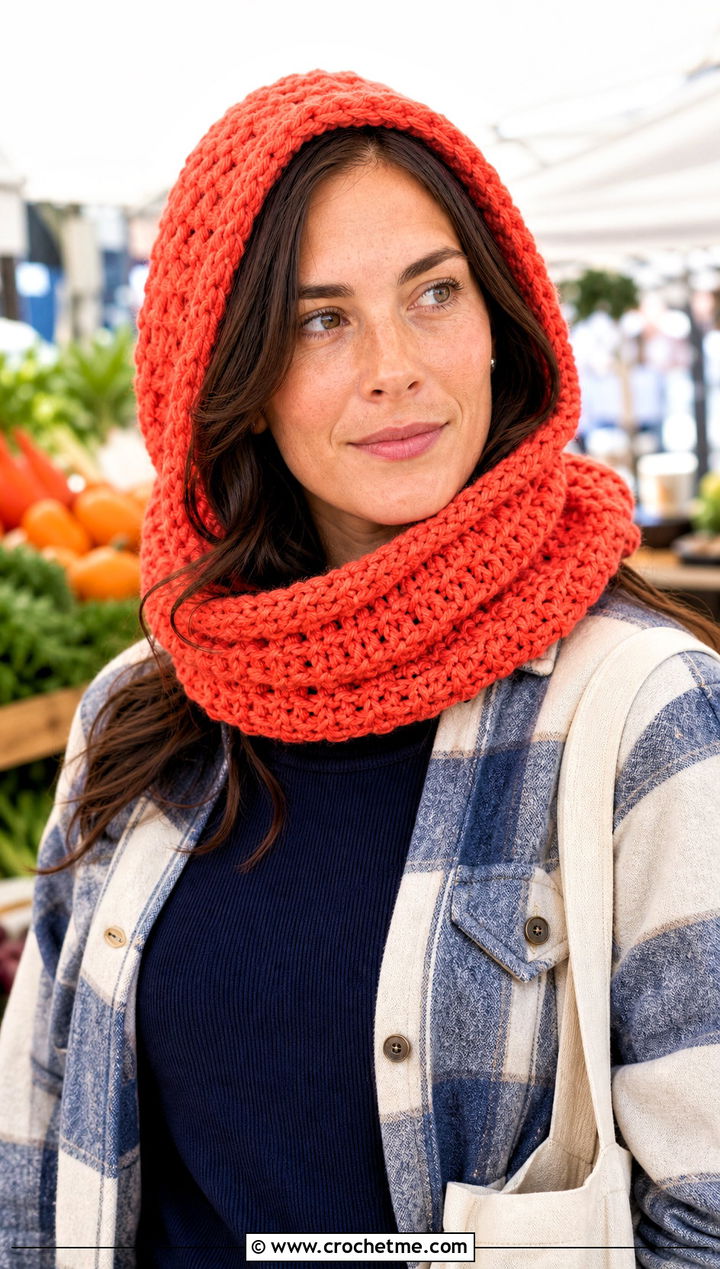 Waffle Stitch Crochet Cowl Hat With Shacket - 25 crochet cowl hat outfit ideas
