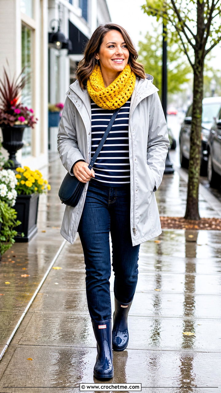 Waffle Stitch Crochet Cowl Neck Warmer With Raincoat Outfit - 35 crochet cowl neck warmer outfit ideas