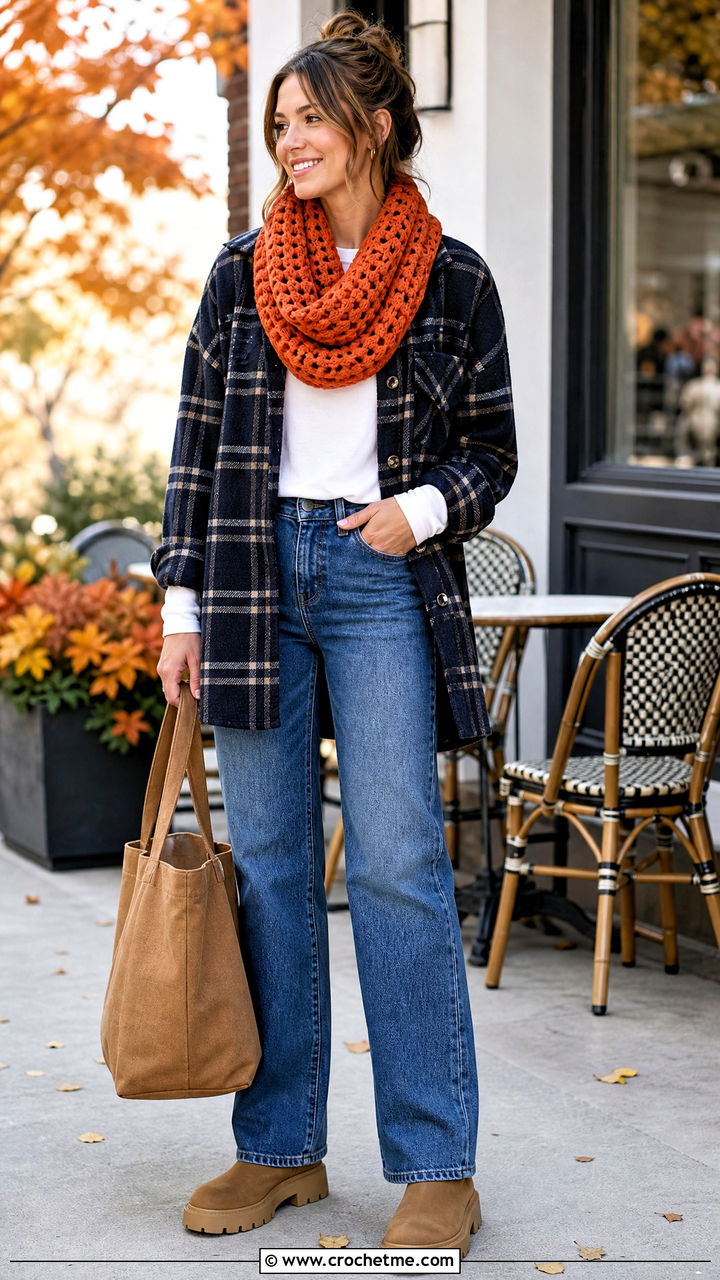 Waffle Stitch Crochet Cowl Scarf With Shacket - 35 crochet cowell scarf outfit ideas