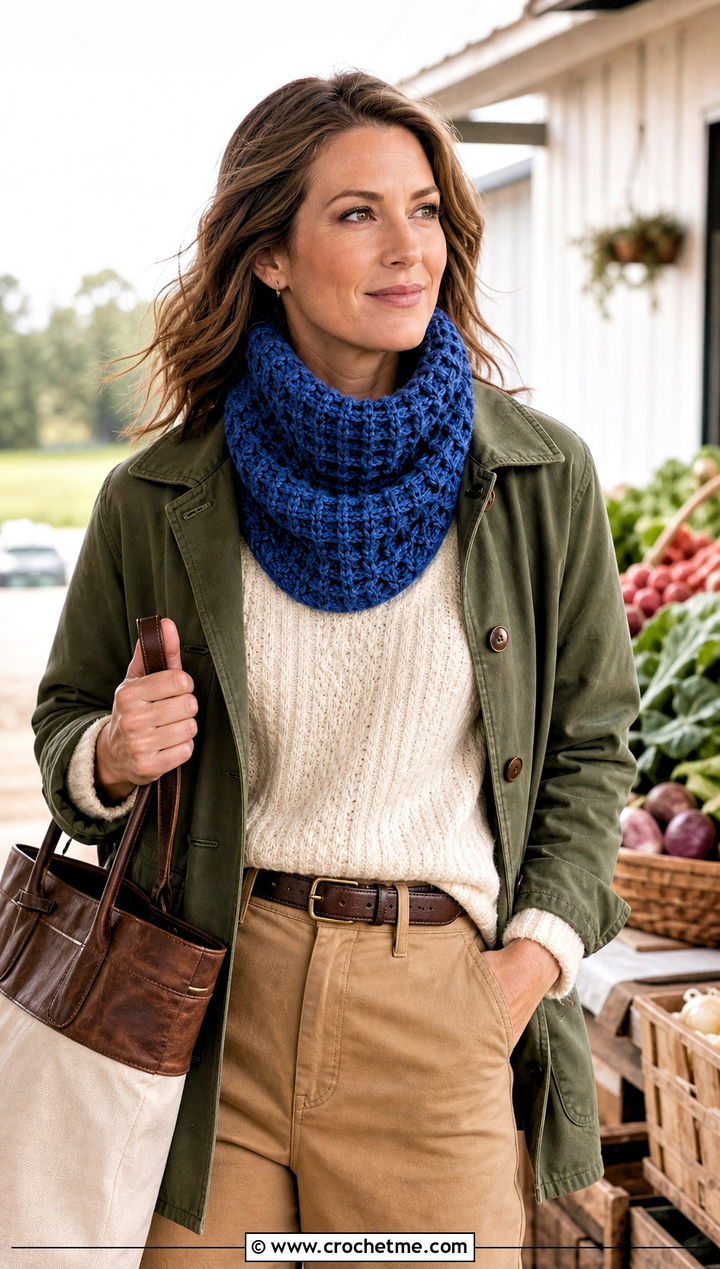 Waffle Stitch Crochet Cowl With Barn Jacket And Chinos - 35 crochet neck warmer cowls outfit ideas