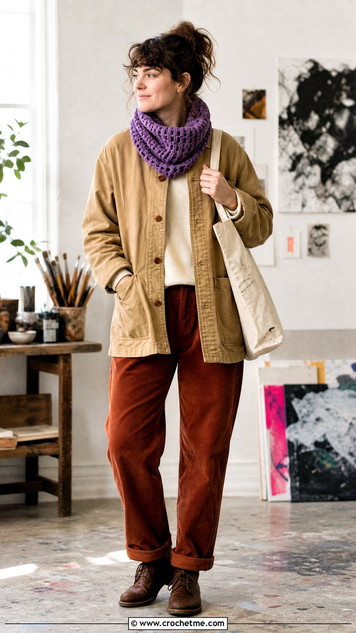 Waffle Stitch Crochet Cowl With Chore Coat - 35 crochet cowls outfit ideas
