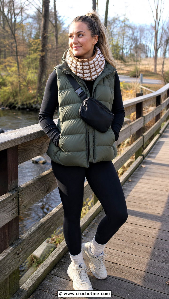 Waffle Stitch Crochet Cowl With Puffer Vest And Leggings - 15 brown and white crochet cowl outfit ideas