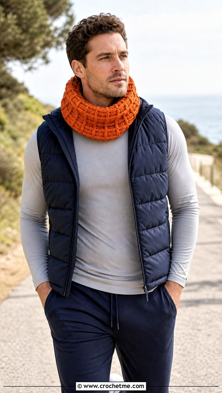 Waffle Stitch Crochet Cowl With Puffer Vest - 30 crochet cowl for men outfit ideas