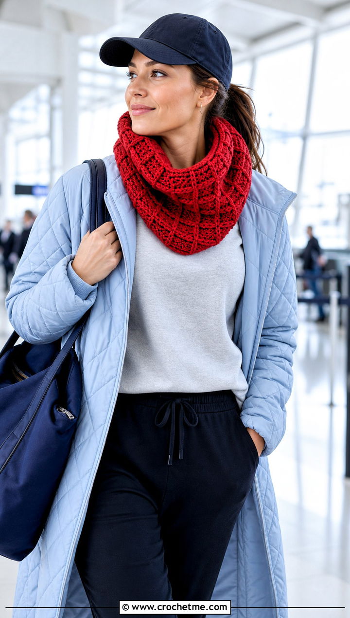 Waffle Stitch Crochet Cowl With Quilted Coat And Joggers - 15 Crochet For Cowl Scarf outfit ideas