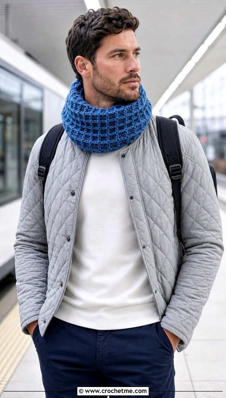 Waffle Stitch Crochet Cowl With Quilted Jacket - 25 Men Crochet Cowl outfit ideas