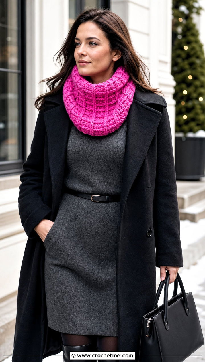 Waffle Stitch Crochet Cowl With Sweater Dress - 25 cowl crochet scarf outfit ideas