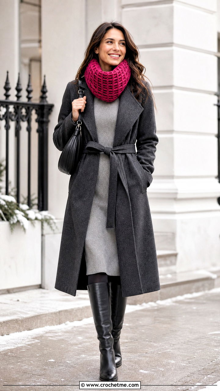 Waffle Stitch Crochet Cowl With Sweater Dress - 35 crochet cowl outfit ideas