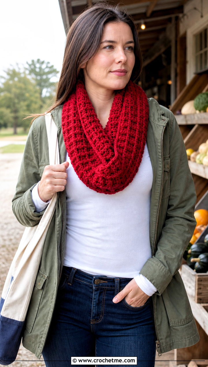 Waffle Stitch Crochet Cowl With Utility Jacket - 20 Simple Crochet Cowl outfit ideas